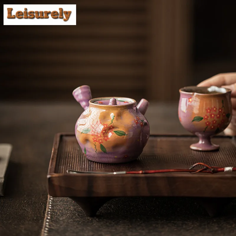 130ml Lilac Purple Hand-painted Small Flower Side Handle Teapot Tea Infuser Pot Tea Making Kettle With Strainer Tea Services