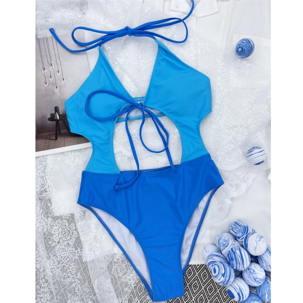 

Модный синий Сплетенный купальник, бикини с лямкой на шее, сексуальный купальник с вырезами, цельный женский пляжный купальный костюм, комплекты бикини, наряд