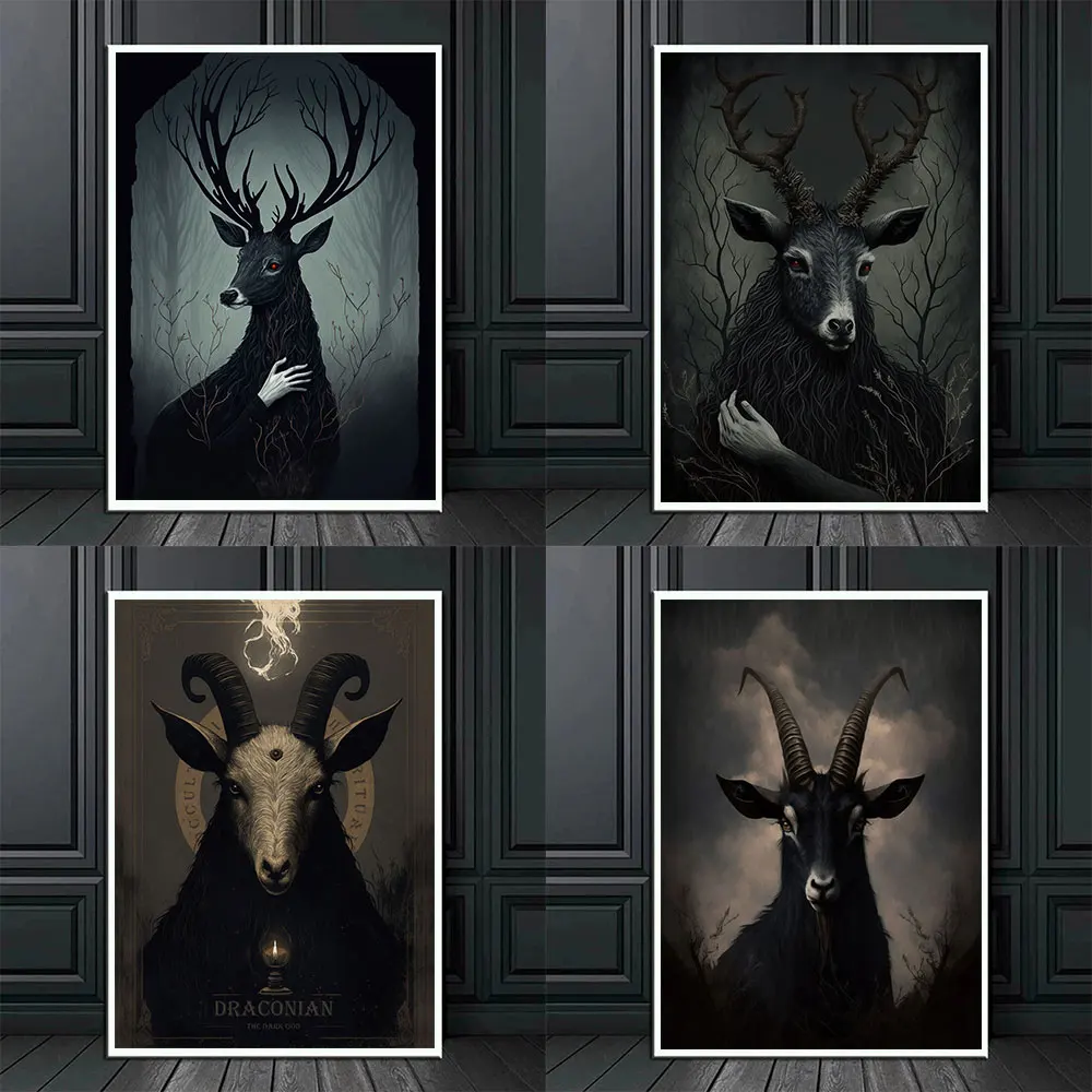 

Dark Academia Gothic Animal Elk Goat Cat Posters and Print Canvas Painting Wall Art Pictures For Living Room Home Decor Gift