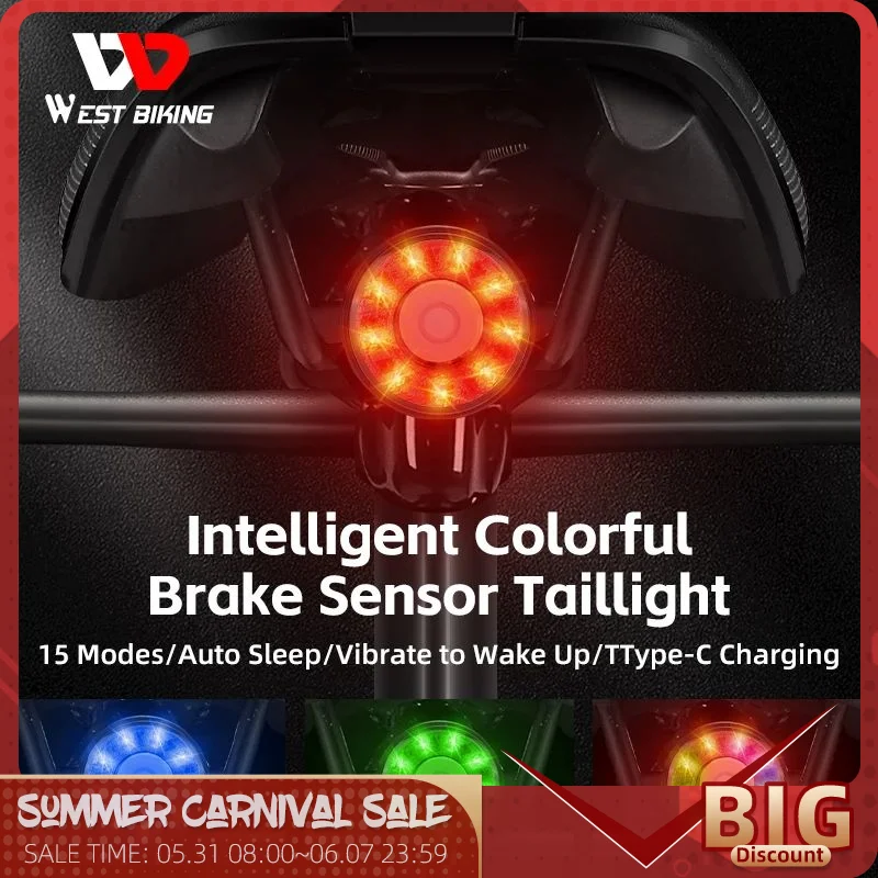

WEST BIKE Intelligent Bike Taillight 15 Modes Type-c Charging LED Cycling Rear Light Smart Brake Sensing Lamp Bicycle Taillight