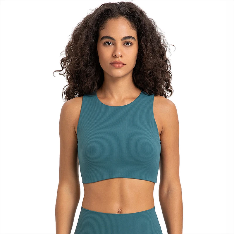 Ribbed Knit Crop Tank Top Women High Neck Sporty Vest Built In Bra Padded  Workout Tanks Full Coverage Yoga Fitness Sports Bras - AliExpress