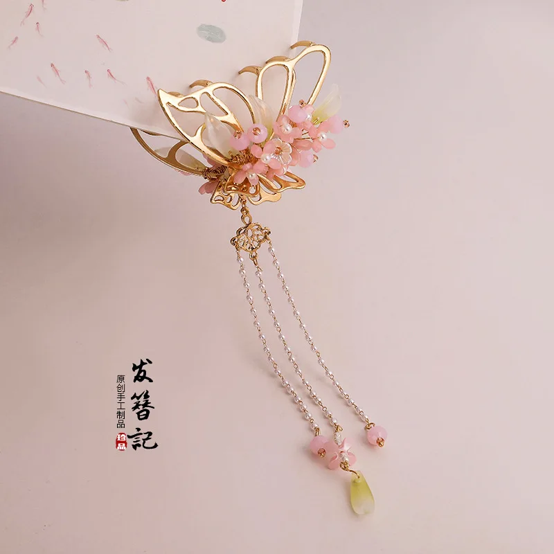 New Retro Mori Butterfly Glazed Flower Tassel Hairpin Summer Small Fresh and Sweet Grab Clip Artistic Style Hair Claw