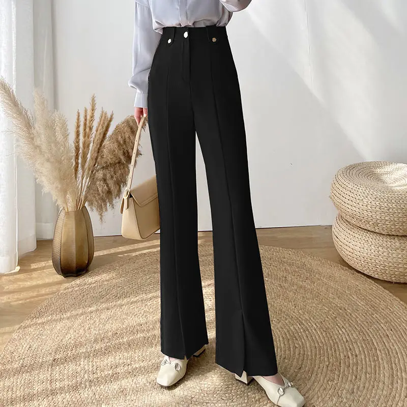 Fashion All-match Button Splicing Pockets Black Micro Flared Trousers  Spring Autumn Casual Solid Color Wide Leg Suit Pants Women