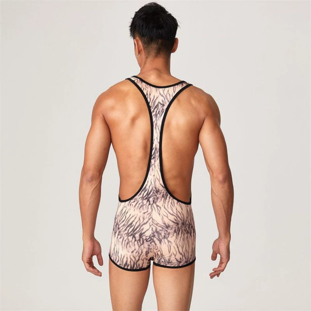 Men Unershirts Mesh Open Butt Wrestling Singlet Leotard Male One-Piece Pajama Sexy Jockstrap Underwear Faux Leather Jumpsuit