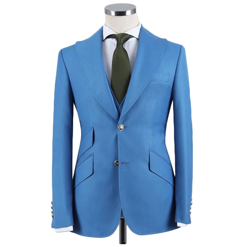 

Blue Slim Fit Men Suits with Peaked Lapel Groom Tuxedo for Wedding Dinner Male Fashion Prom Costume 3 Pcs (Jacket+Vest+ Pants)
