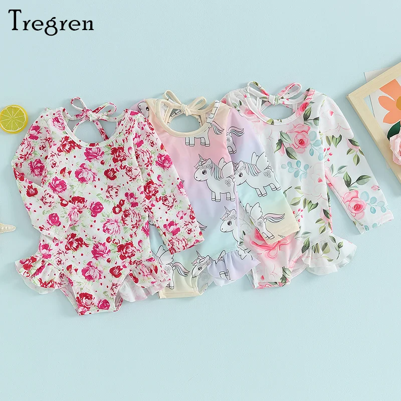 Tregren 유아 소녀 래쉬가드 수영복 롬퍼, 긴 소매 꽃 만화 프린트 수영복, 어린이 러플 목욕 세트 모노키니 