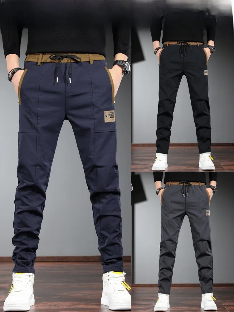 Comfortable Fce Lined Nylon Casual Pants Men's Slim Fit Autumn Winter Sports Loose Waist Long Trousers Youth Active Sle