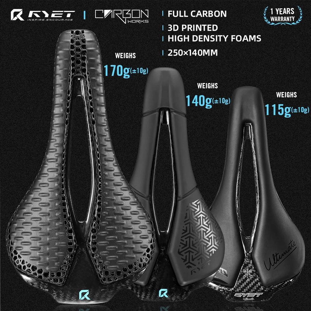 Bicycle Saddle RYET Full Carbon 3D Printed Bike Saddle 250mm*140MM 115g 7*9mm Super Light For MTB Gravel Road