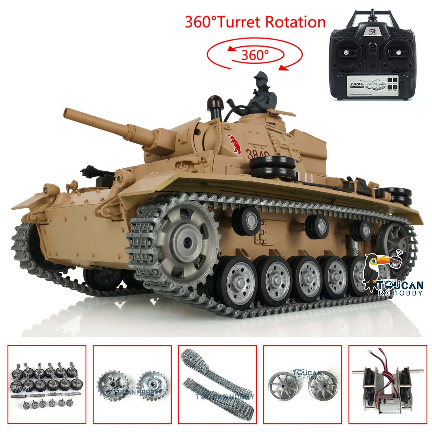 HENG LONG 1/16 7.0 커스텀 팬저 III H RTR RC 탱크 3849 메탈 트랙 휠 스틸 스프로킷 휠 BB 슈팅 옐로우 TH17369