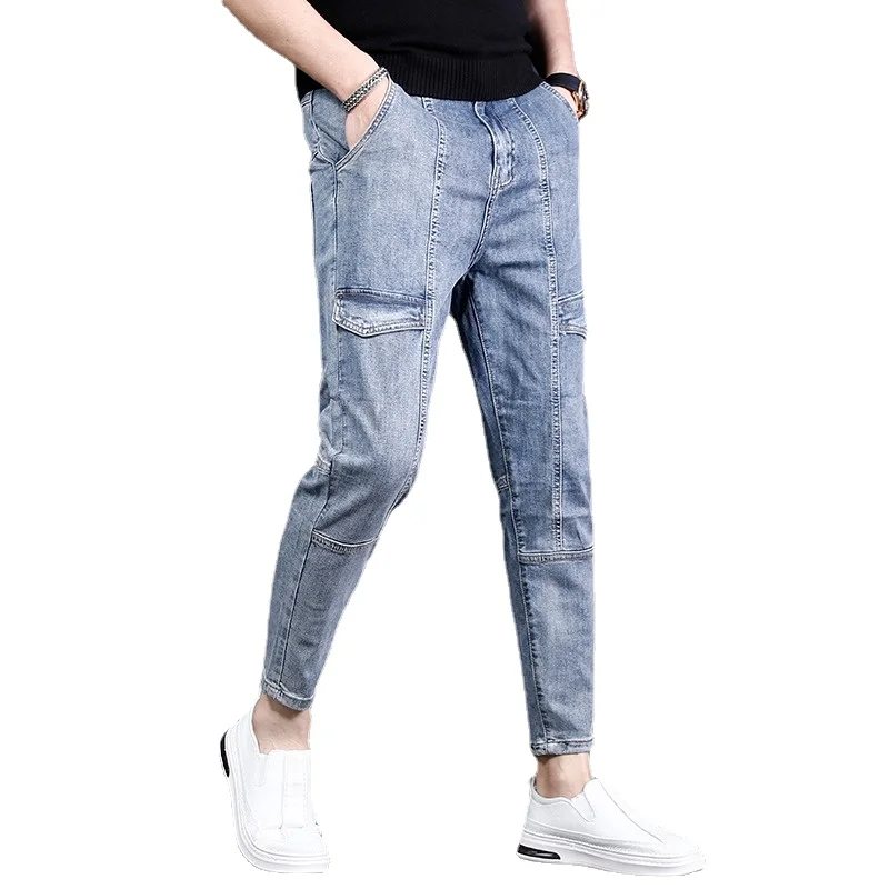 Cargo Jeans Men Summer Slim Fit Ankle-Length Pants Streetwear Fashion Casual Blue Patchwork Denim Trousers