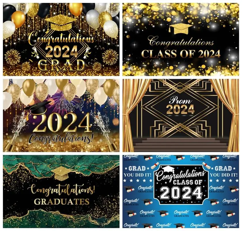 

Laeacco 2024 Class Graduation Photography Backdrop Black and Gold Cap Balloon Grad Congrat Prom Party Custom Portrait Background