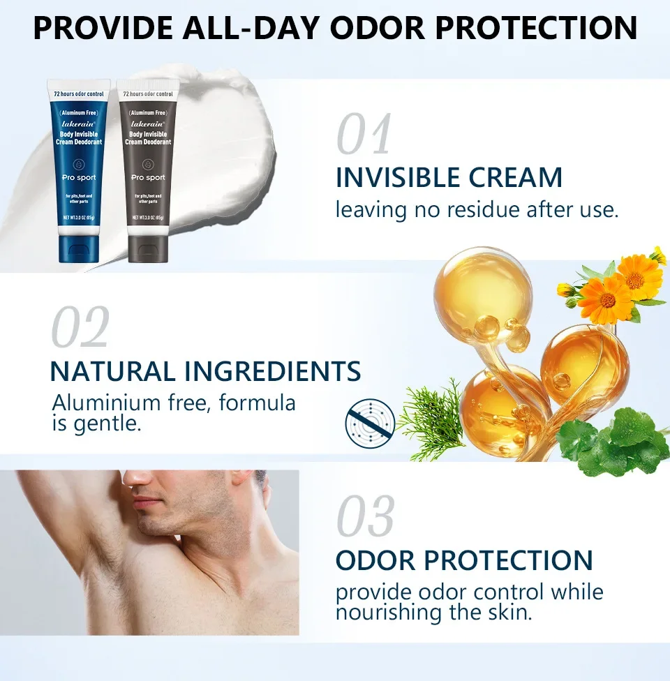 Men's Sports Deodorant Cream 72 Hours Long-Lasting Odor Protection Ocean Wooden Fragrance Men Full Body Deodorant Cream Makeup