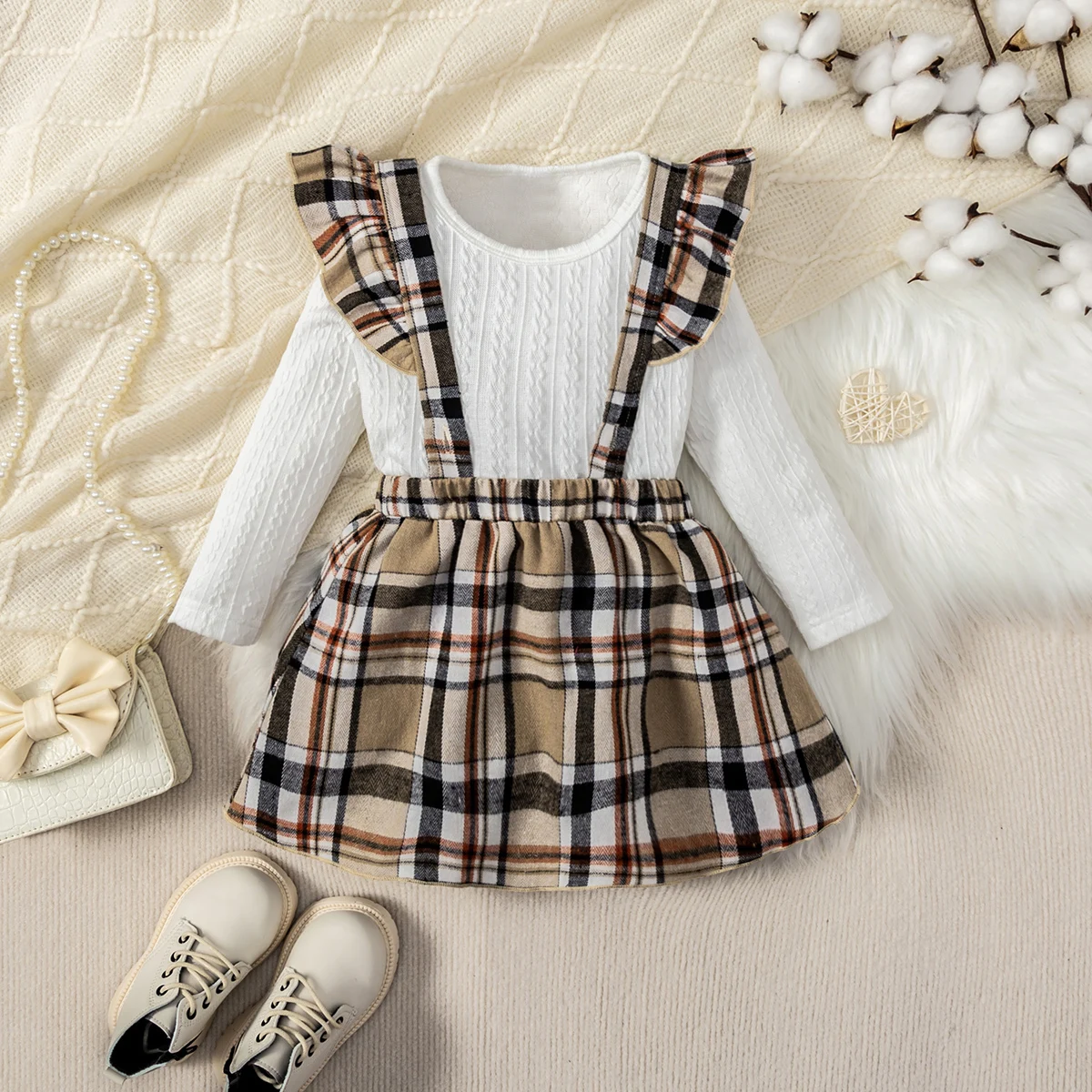 

Комплект для девочек, однотонный топ с круглым вырезом и длинным рукавом, клетчатая короткая юбка на бретельках, модная домашняя дорожная одежда