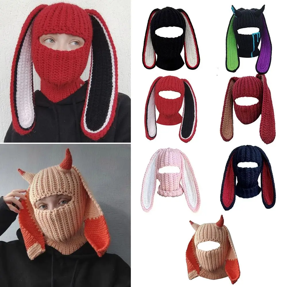 

Outdoors Woolen Beanie Cap Handmade Ear Protection Ski Mask Balaclava Hat Funny Rabbit Ears Hat Knitted Bonnet