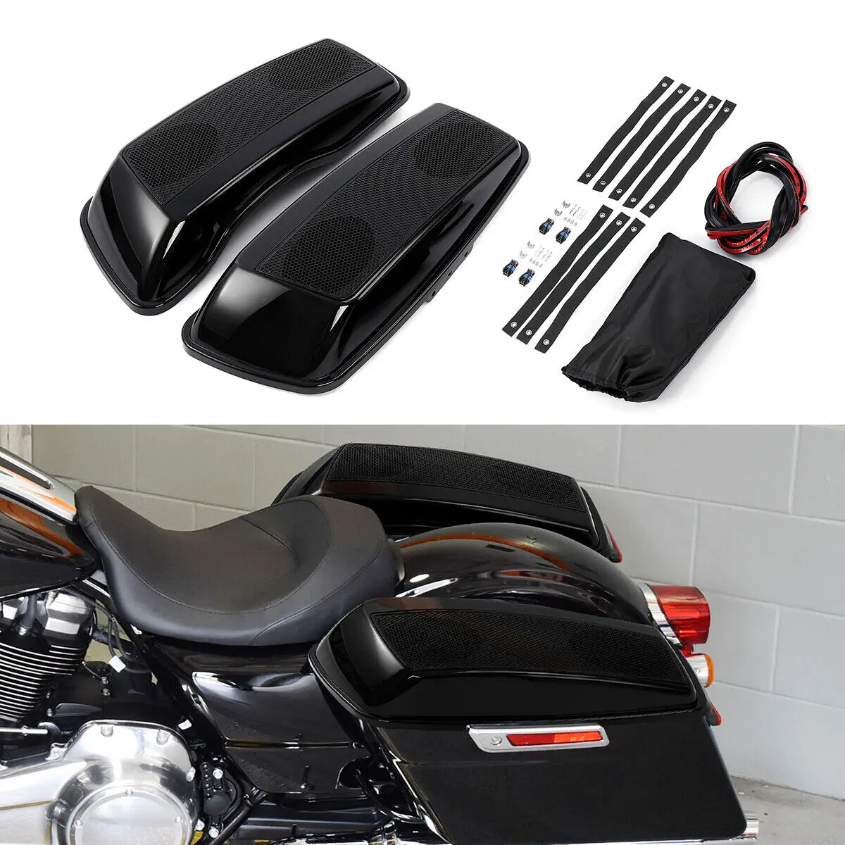 

Motorcycle Unpainted /Black Saddlebag Lids 5''x7'' Speakers For Harley Touring Electra Glide Road Glide Street Glide 2014-2023