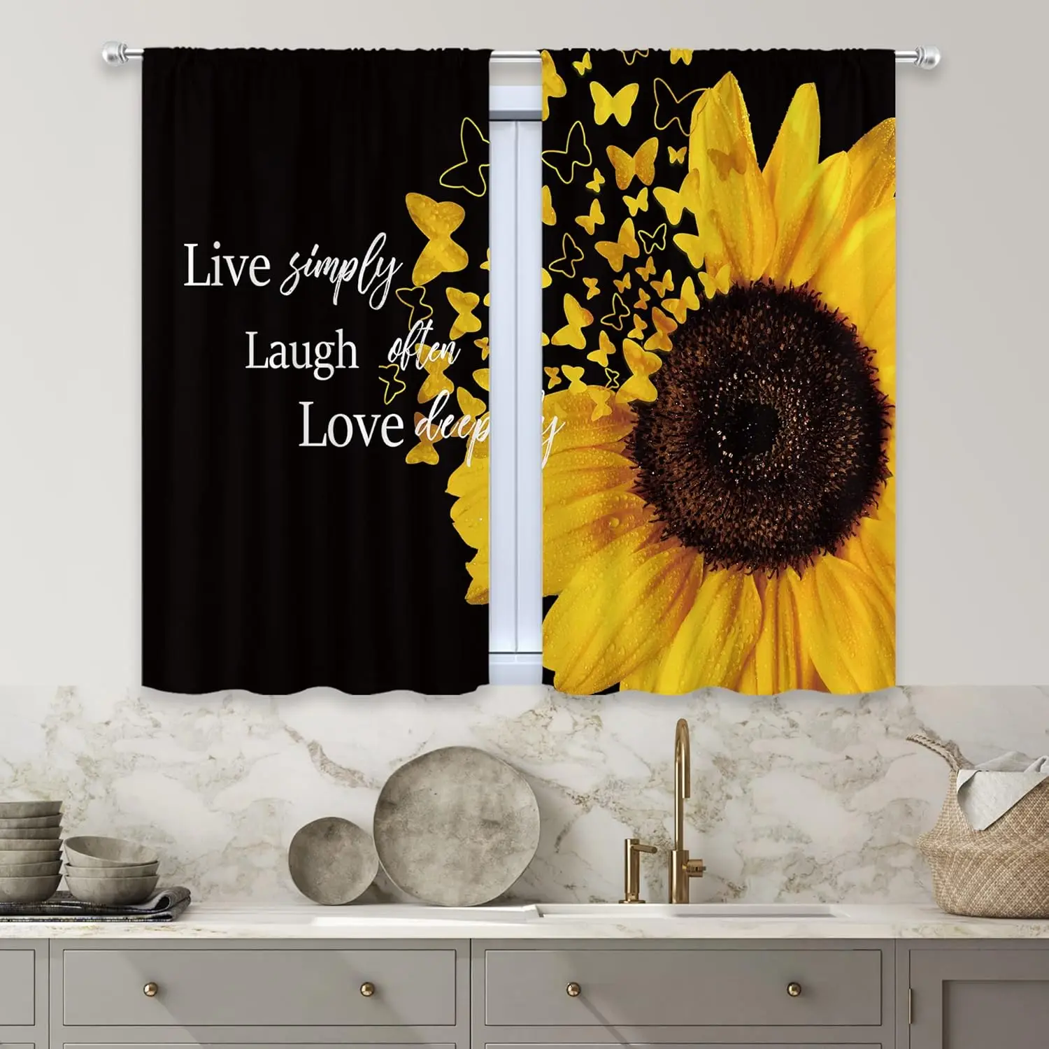 Sunflower Kitchen Curtains Motivational Floral Quote for Women Butterfly Flower  Art Printed Small Bedroom Window Drapes Fabric 4