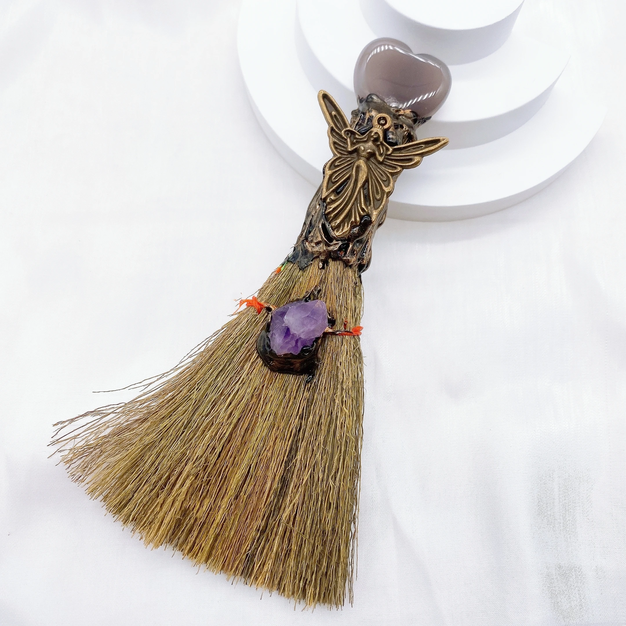 Natural Amethyst Crystal Love Heart Magic Broom Gem Crafts Home Decoration Reiki Healing Witch Broomstick Christmas Gift 6