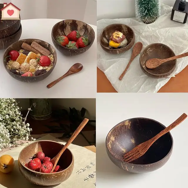 Natural Coconut Bowl Wooden Handmade Coconut Bowls for Eating Tableware Fork Spoon for Dessert Fruit Salad Mixing Rice