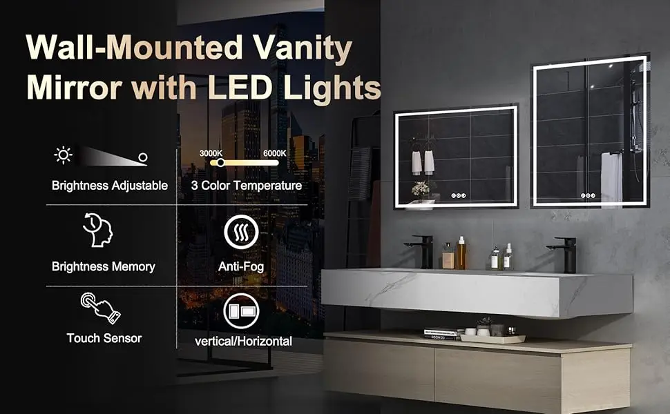 Description Picture 3 of itemLED lighting bathroom mirror 32x24 vanity mirror with light, anti fog, intelligent dimmable 3 colors, vanity mirror