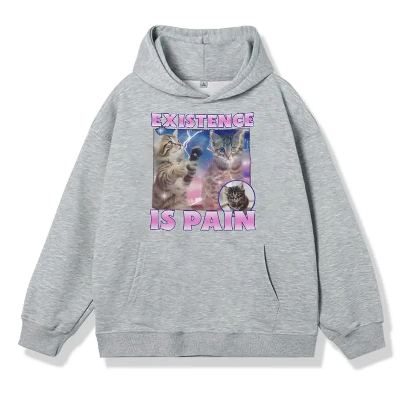 Existence Ls Pain Funny Cat Printed Hoodie Male Fashion Sweatshirt Autumn and Winter Oversized Long Sleeve Fleece Pullover Men