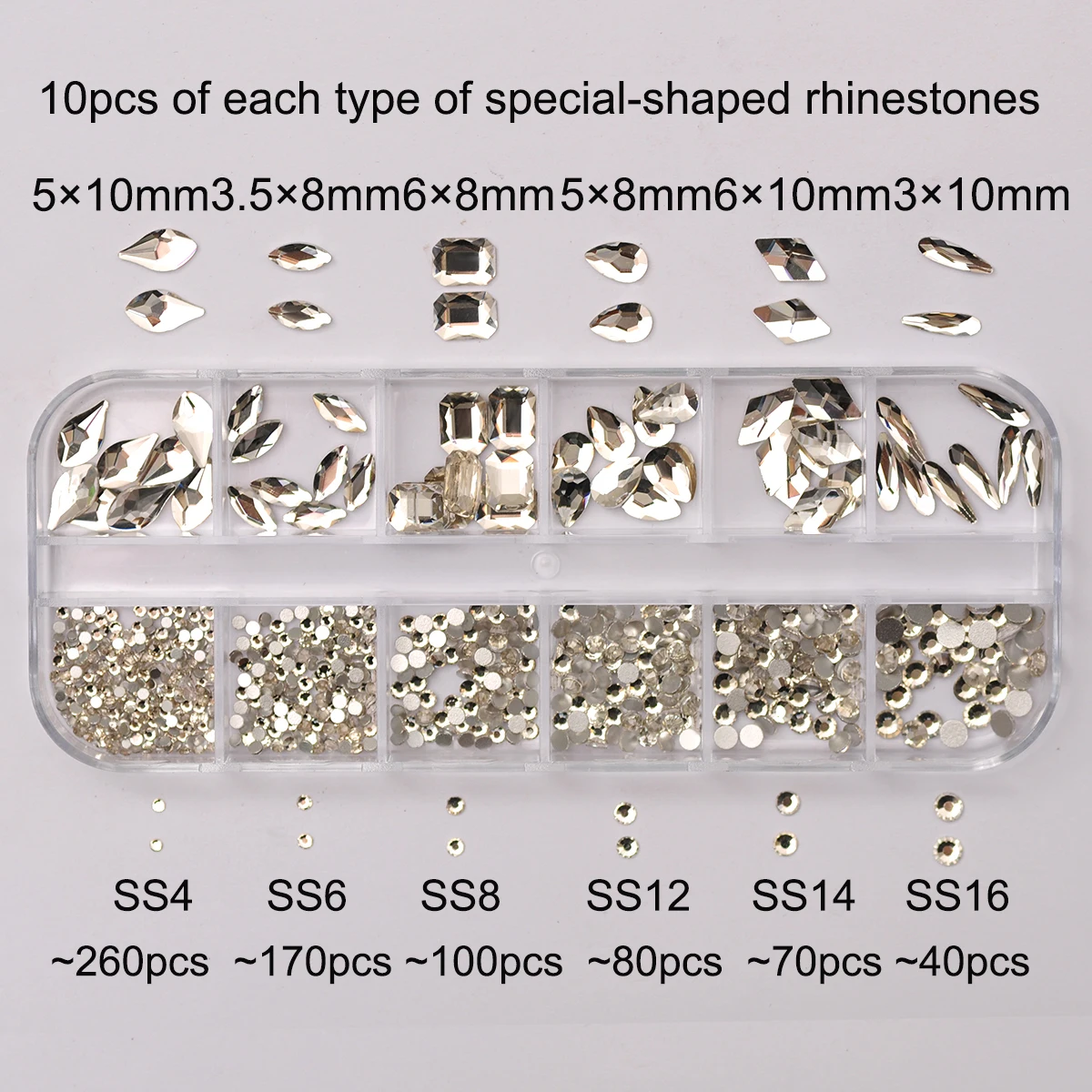Description Picture 5 of item12 Grids Clear Mixed Sizes Nail Art Rhinestones Crystal 3D Glitter Non Hotfix Diamond Decoration Nail Parts Accessories