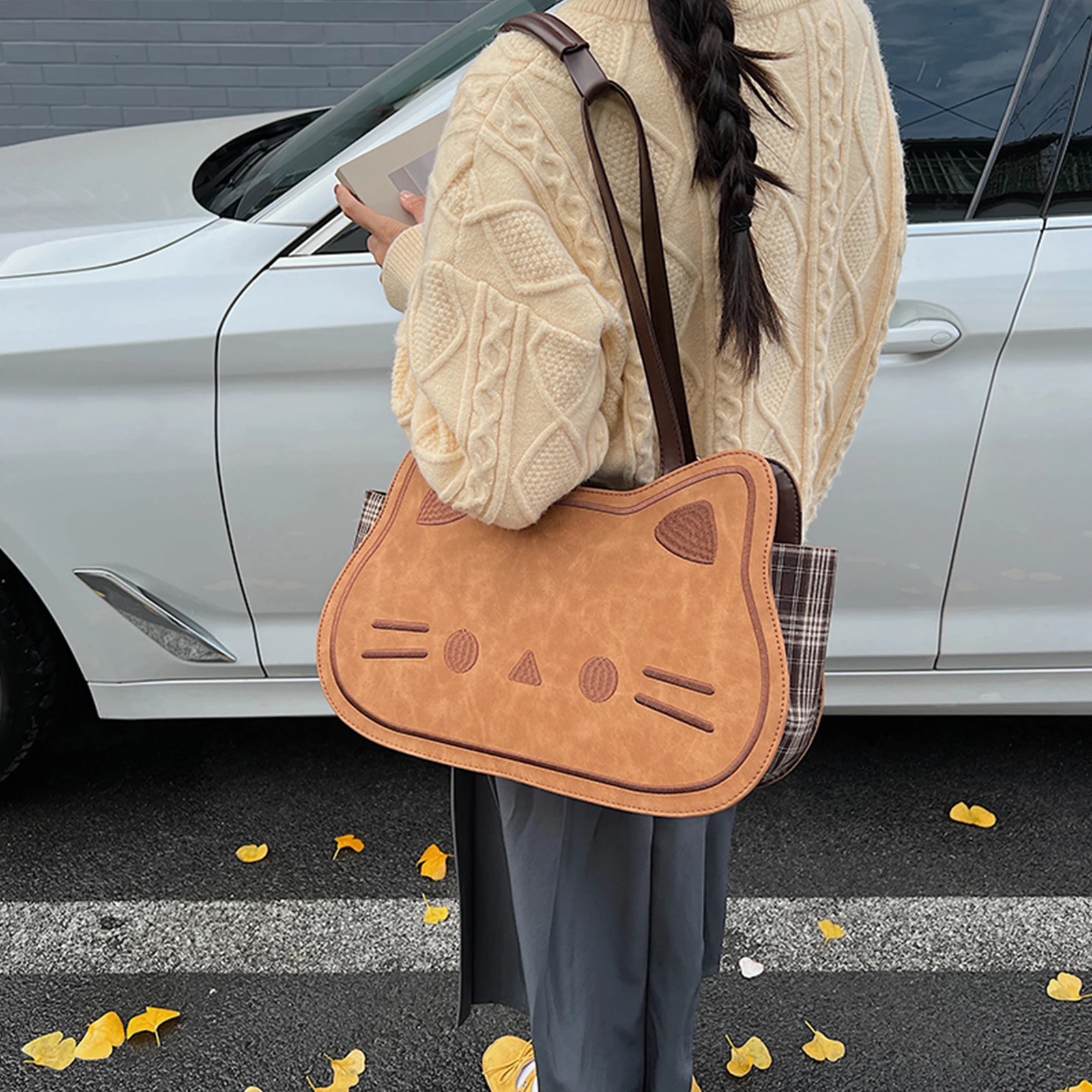 PU Leather Shoulder Bag Fashion Underarm Bag Cute Kitten Backpack for Women Work Shopping Travel
