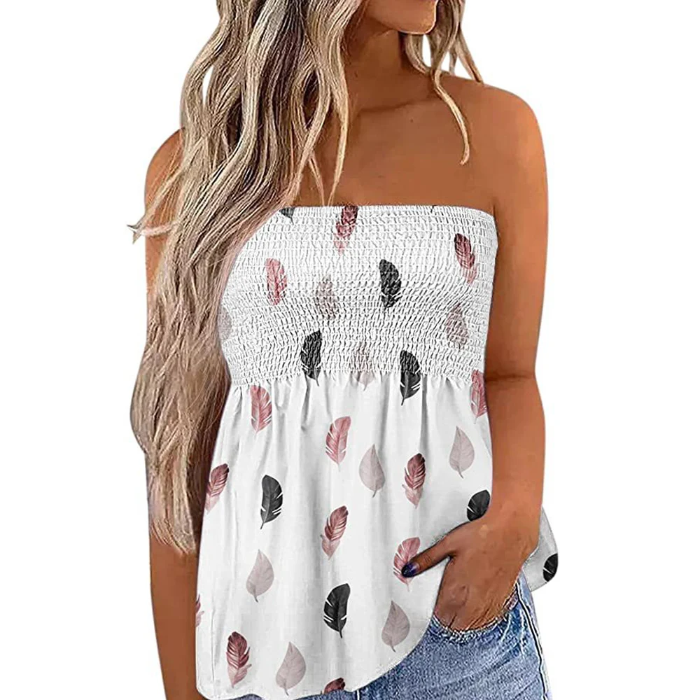 Women Feather Print Strapless Slim Fit Tshirt Vest