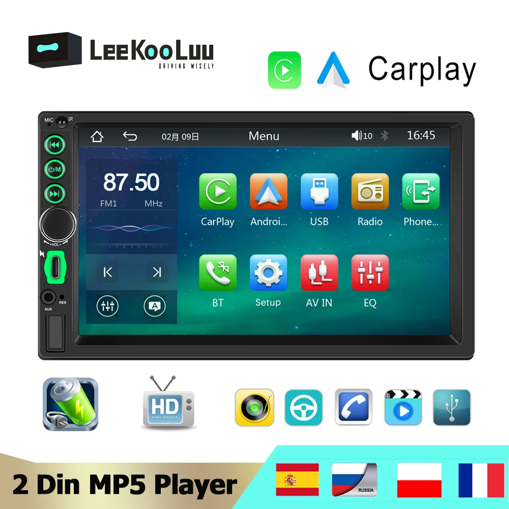 Leekooluu 2 Din Car Mp5 Player Wireless Carplay Car Stereo Radio 7 ''Touch Screen Lettore Multimediale Universale Per Auto Bluetooth Fm