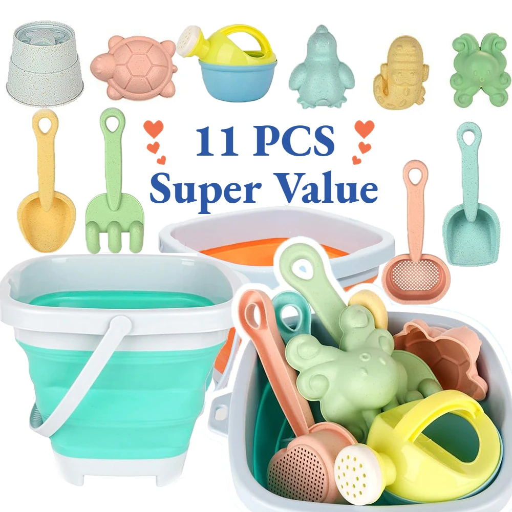 11-Piece Beach Toy Set – Gift Package Sandbox Toys for Kids with Collapsible Bucket, Shovel Set, and Sand Molds for Summer Outdoor Fun Beach games & Inflatables Beach Toys and Leisure Accessories