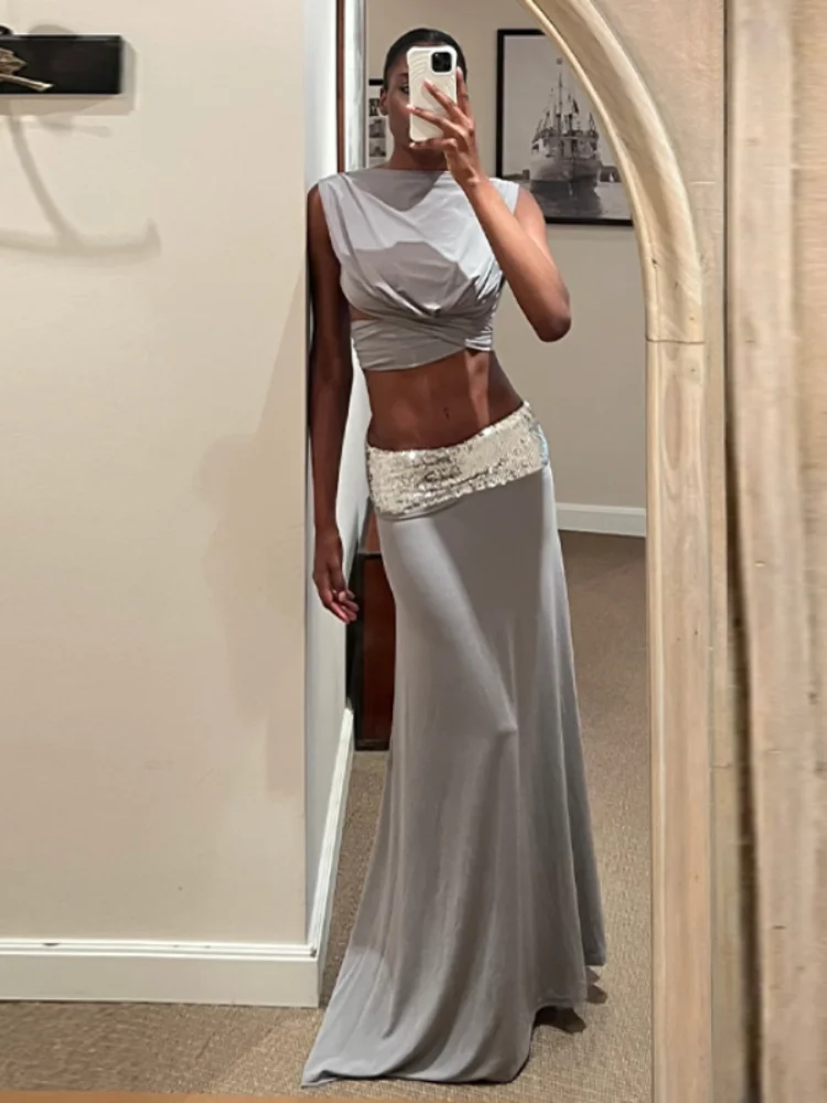 Mode brillant à lacets jupe longue ensemble femmes Sexy sans manches Design sens Chic haut court jupes costume nouvelle dame tenue de soirée
