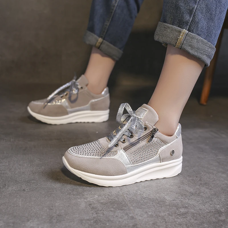 New Women Gold Sneakers Zipper Platform Trainers Women Shoes Casual Lace-Up Tenis Feminino Zapatos De Mujer Womens Sneakers