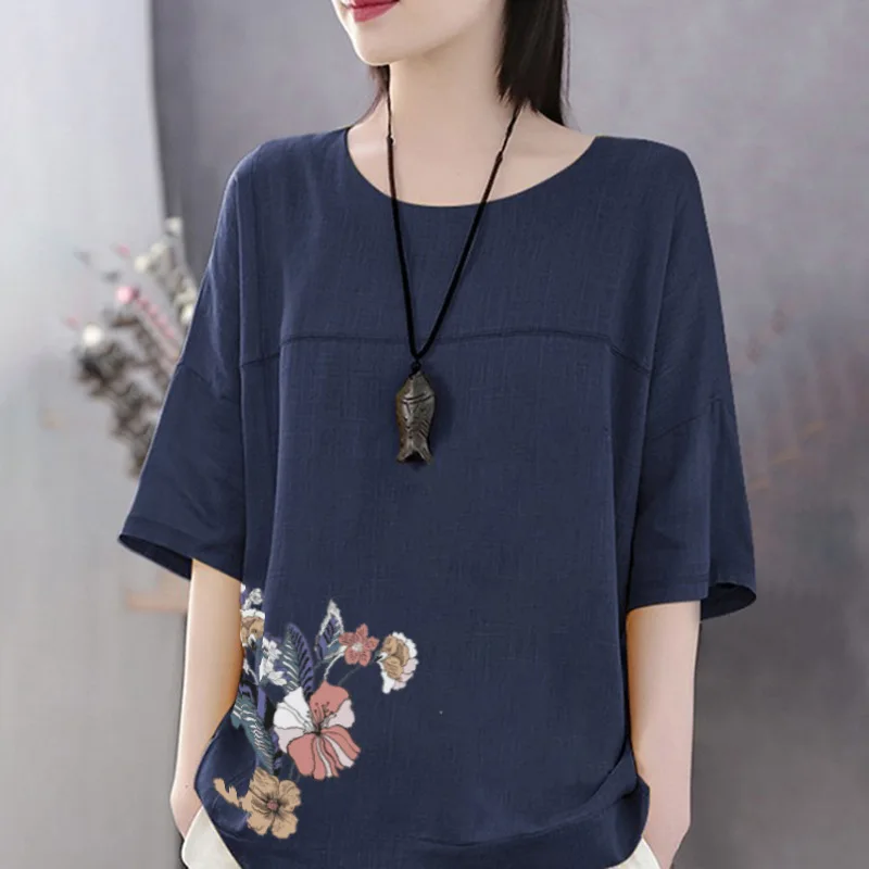 Cotton Linen Floral Print Blouse for Women Summer