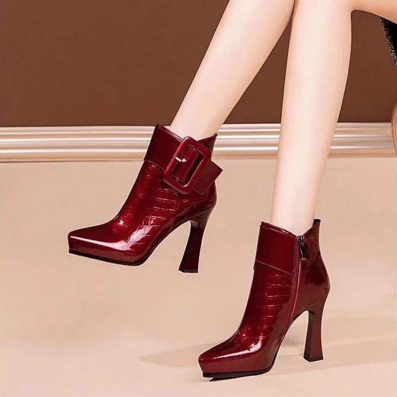 

FHANCHU 2023 Cowhide Genuine Leather Platform Short Boots Woman,Autumn/Winter Shoes,Ankle Botas,Pointed Toe,Wine-red,Dropship