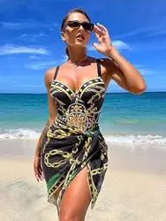 Chic Chain Printed Monokini with Wrap Skirt - Sexy Slim Fit Swimsuit for S (Black)