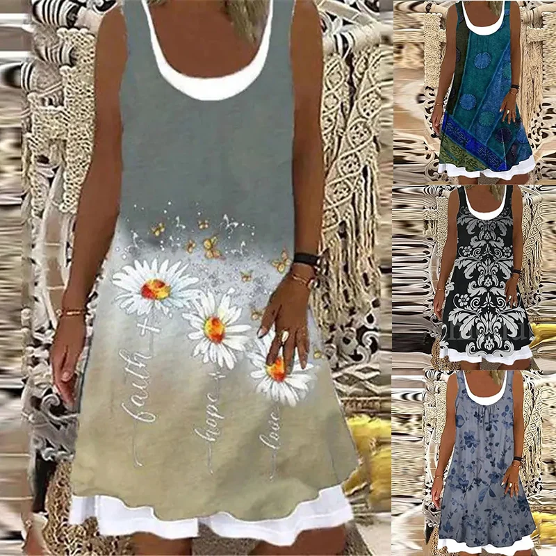 

2022 Spring Summer Round Neck Casual Ladies Dress Sleeveless Floral Vintage 3D Print Knee Length Dress Women A-Line Dress