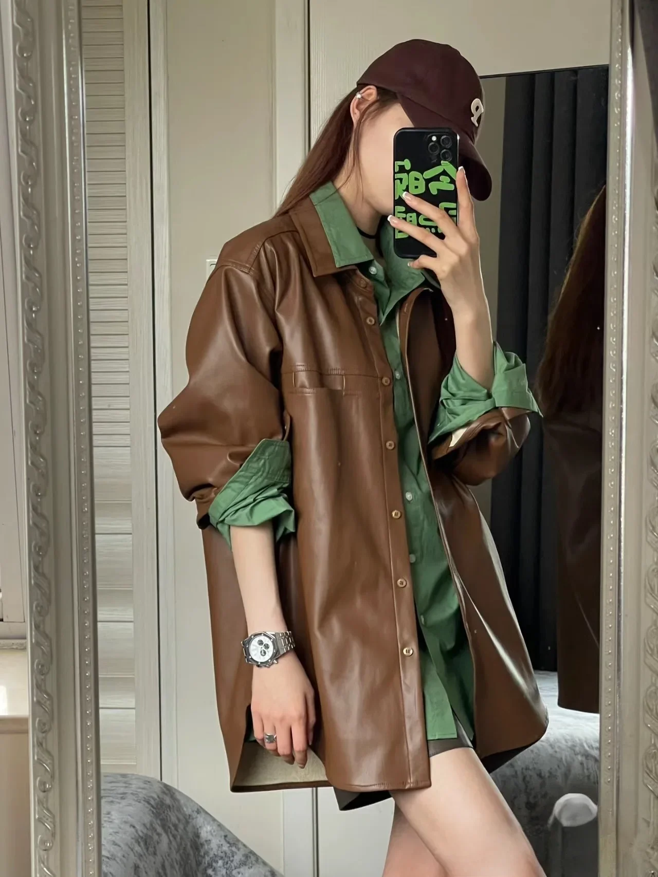 Korean Fashion PU Jacket Long Sleeves Long Cut Shinny Faux Leather Girls Winter Fall Coat Loose