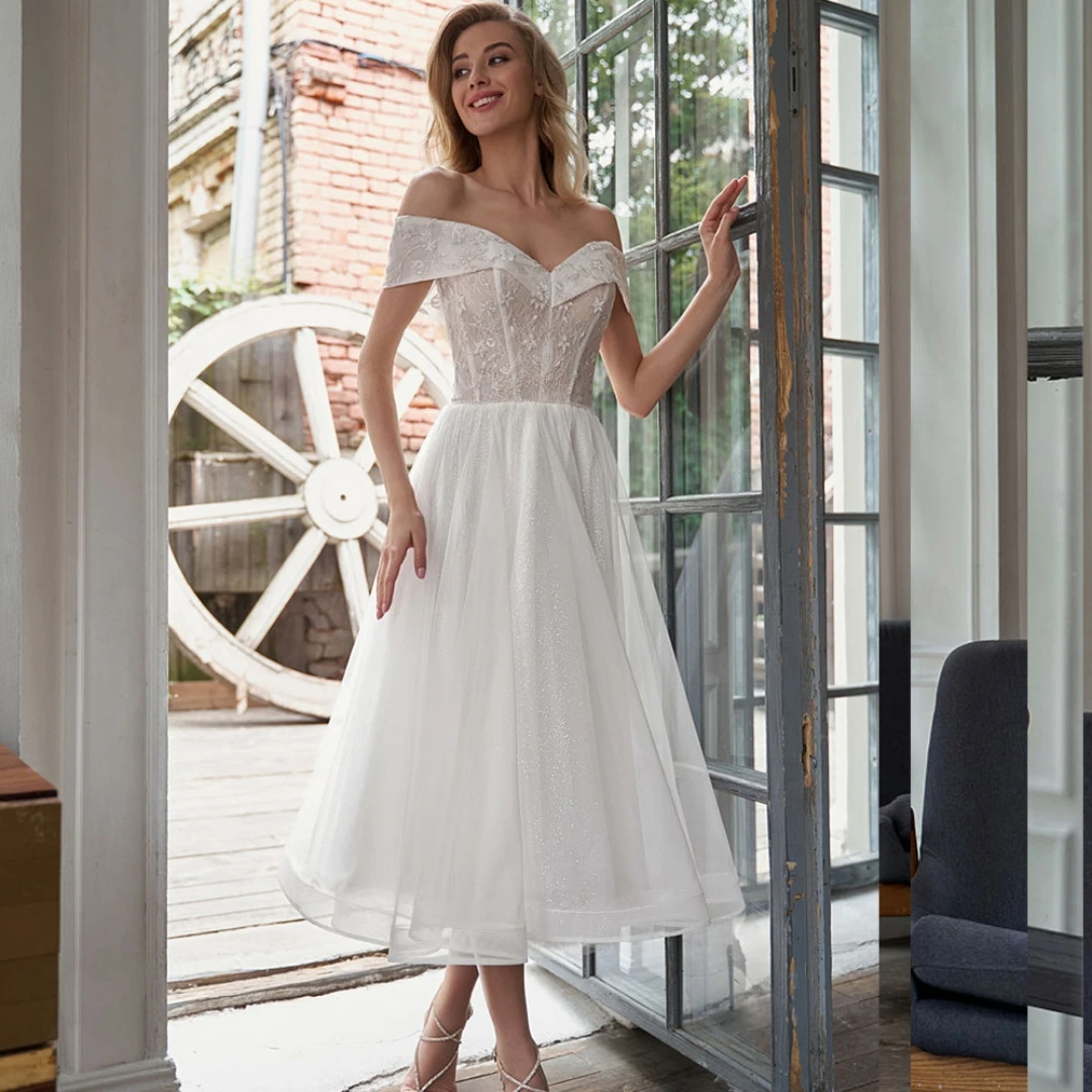 

Short Sweethert Lace Applique A-Line Wedding Dresses For Woman 2024 Off the Shoulder Tulle Bridal Gowns Maid-Calf Robe De Mariée