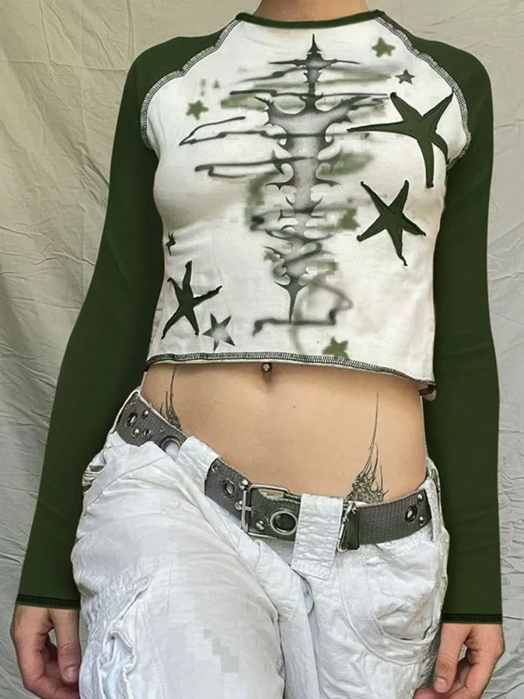 

Deeptown Y2k Star Graphic Print T Shirts Women Vintage Trashy 2000s Grunge Crop Tops Streetwear Casual Long Sleeve Tees Spring