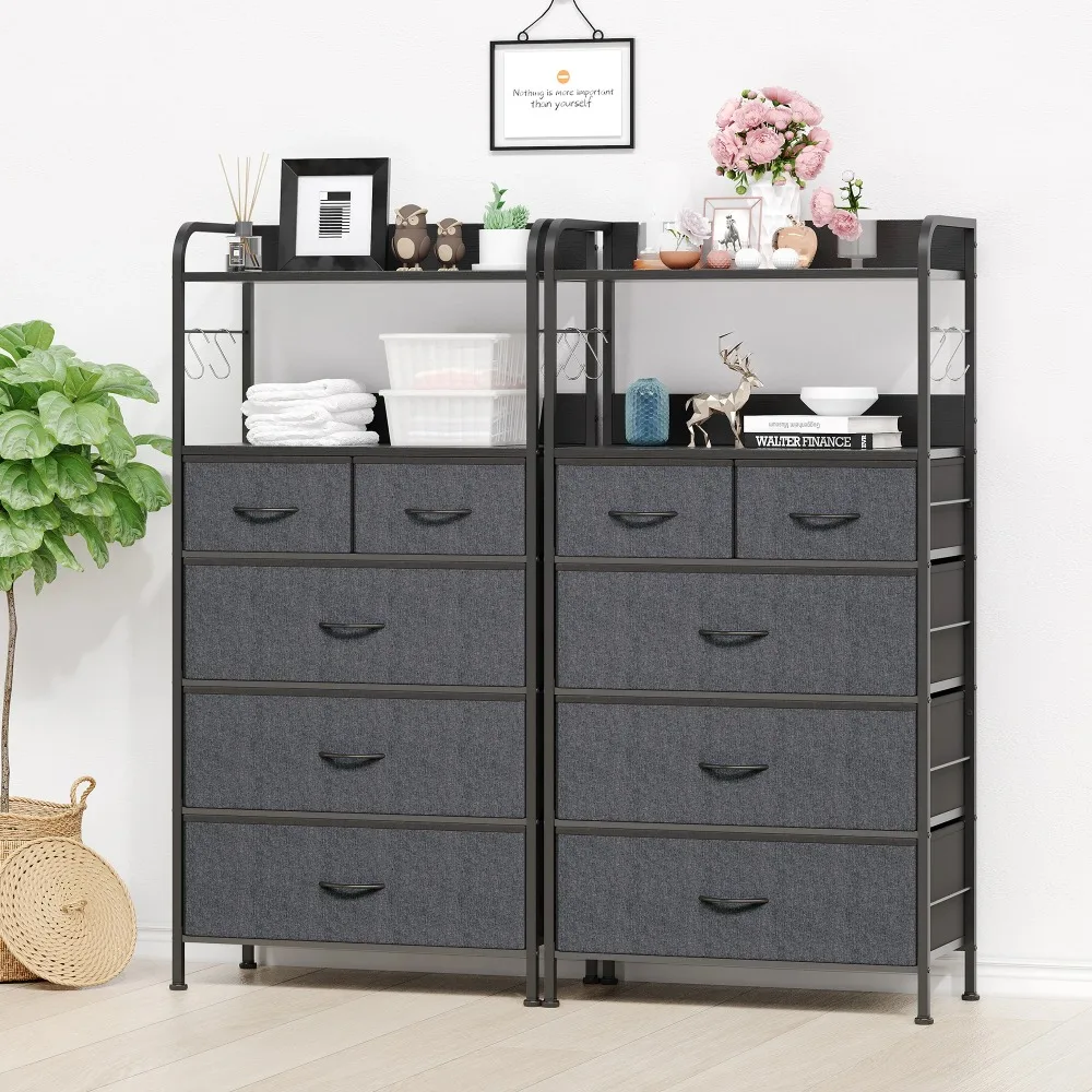 5 Drawers Dresser,Tall Dresser for Bedroom,Fabric Drawer Organizer Unit, Chest of Drawers with Hooks, Open Shelf for Closet 6