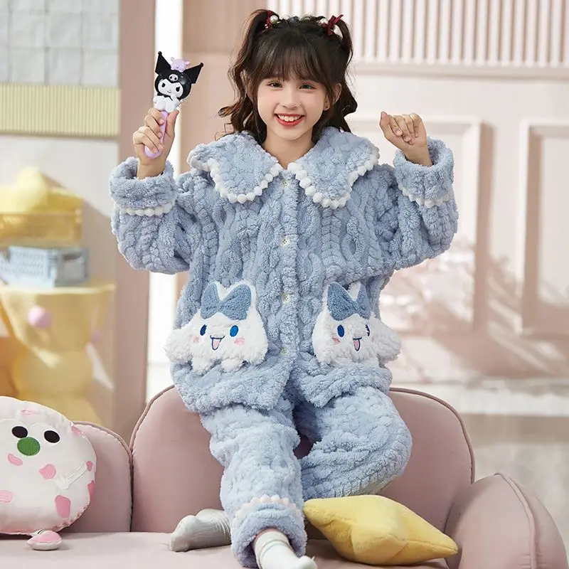 

Kawaii Sanrio Hello Kitty Child Winter Pajamas Anime Cinnamoroll Kuromi My Melody Thickened Warm Home Furnishing Set Girls Gifts