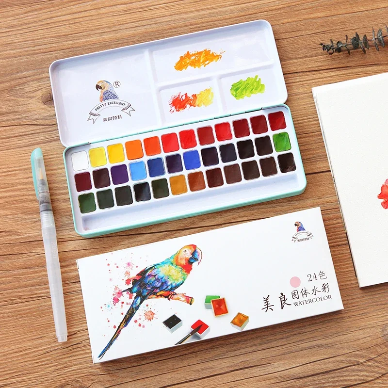 Watercolor Paint Set Metal Box Water Color Brush Pen Art Supplies For Students Kids