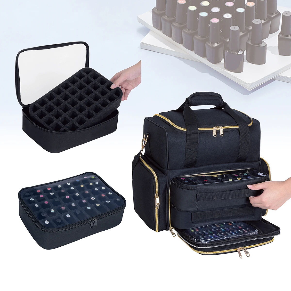80 Bottle Double Layer Nail Polish Organizer holds 80 bottles (15ml - 0.5 fl oz) with 2 removable pouches and tool storage area 3