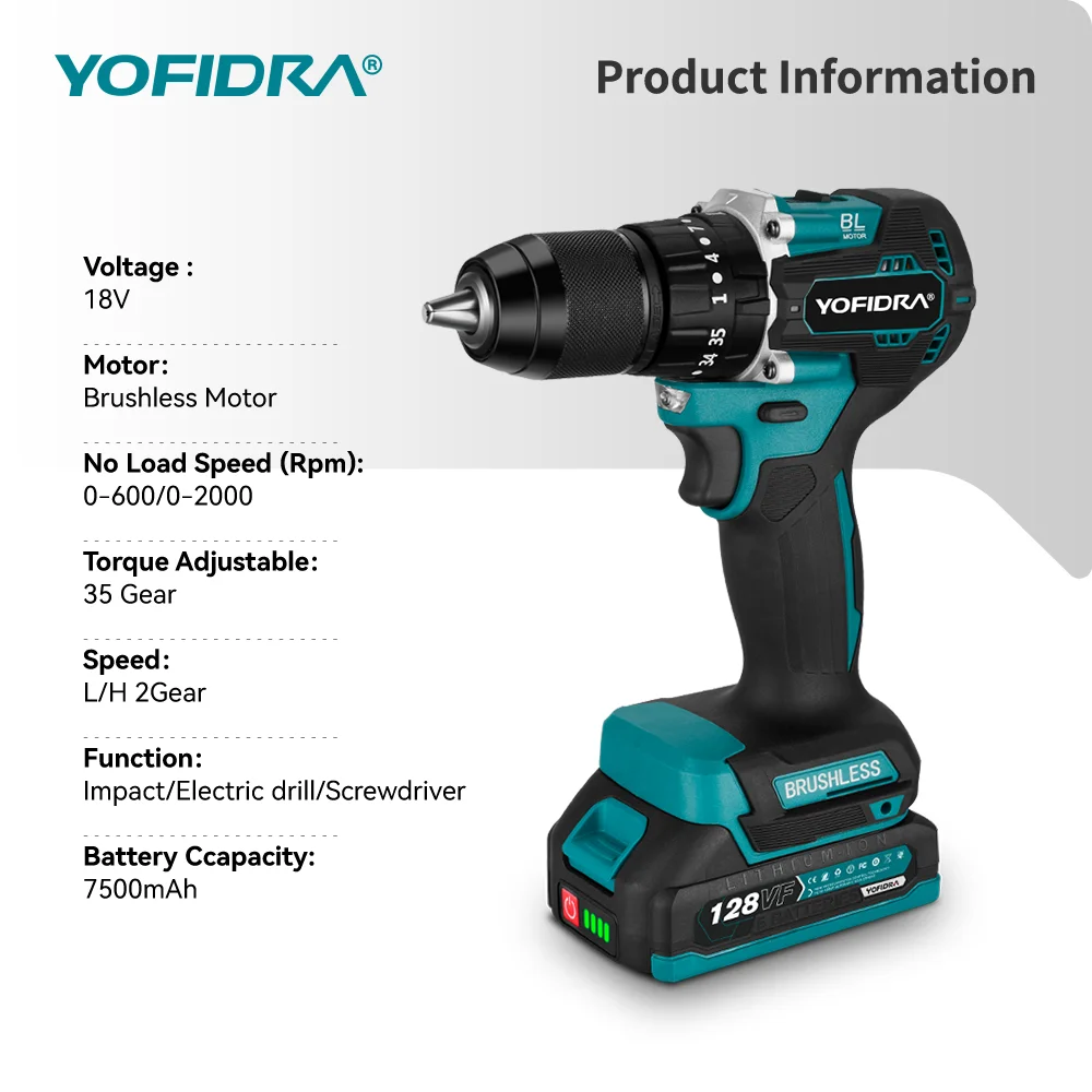 YOFIDRA 13mm 35+3 토크 브러시리스 전기 임팩트 드릴 무선 고효율 전기 스크루드라이버 마키타 배터리 핀용 공구