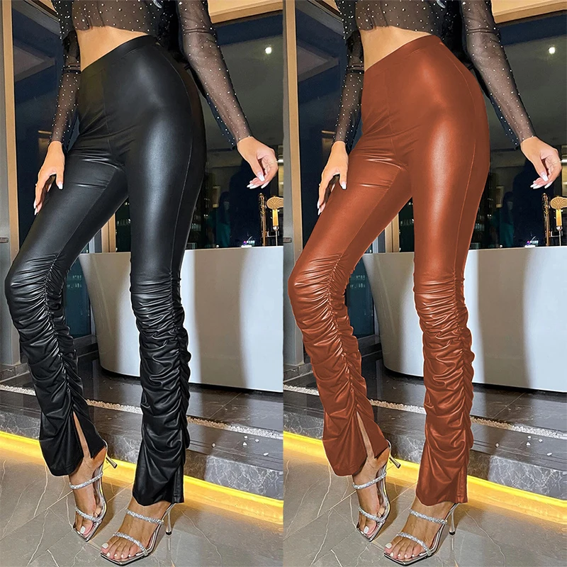 Women Shiny PU Leather Pants High Waist Trousers Lady Wet Look PVC Shiny Faux Leather Pleated Pants Y2K Disco Pants Clubwear