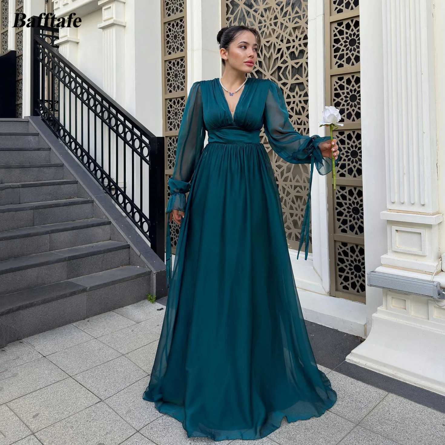 

Bafftafe Teal Blue Chiffon Prom Dresses Long Sleeves Deep V-Neck Evening Gowns Women Formal Party Special Event Birthday Dress