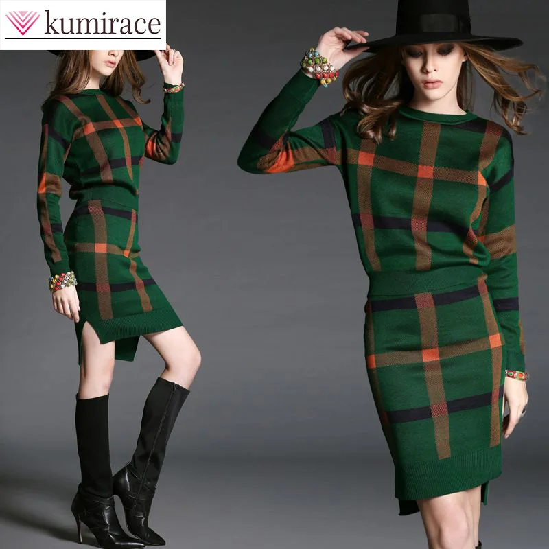 2023 Spring Green Color Checkered High Waist and Buttock Skirt with Bottom Fitting Sweater Two-piece Suit Women's Skirt Suit boxed checkered notebook account book hand book with lock free shipping