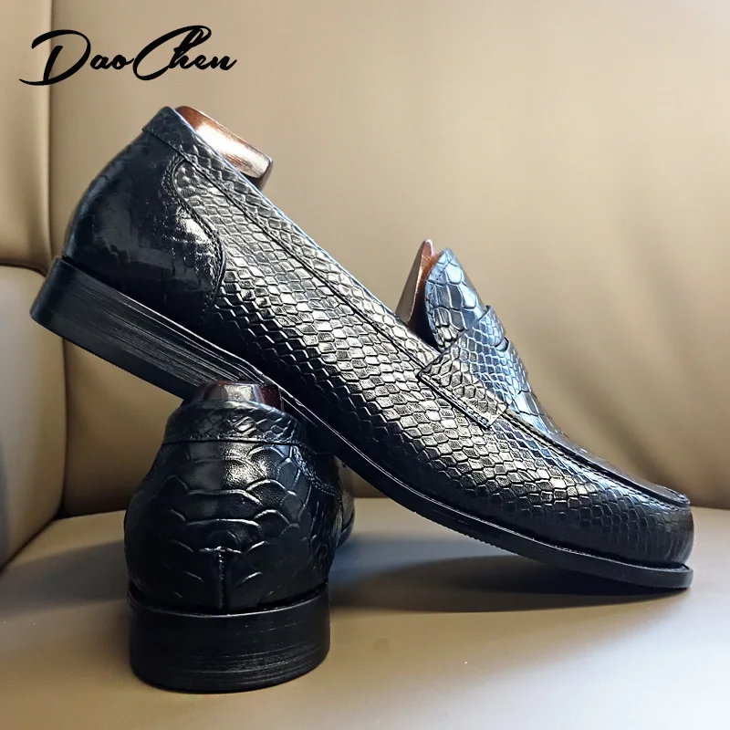BRAND LEATHER BROWN BLACK SLIP ON SNAKE PRINT MEN'S CASUAL SHOES WEDDING OFFICE BANQUET casual loafers men_voghion.com