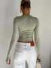 Fashion Women T-shirt Long Sleeve Crew Neck Solid Slim Fit Ladies Crop Top with Thumb Holes for Daily Streetwear Summer Camis 3