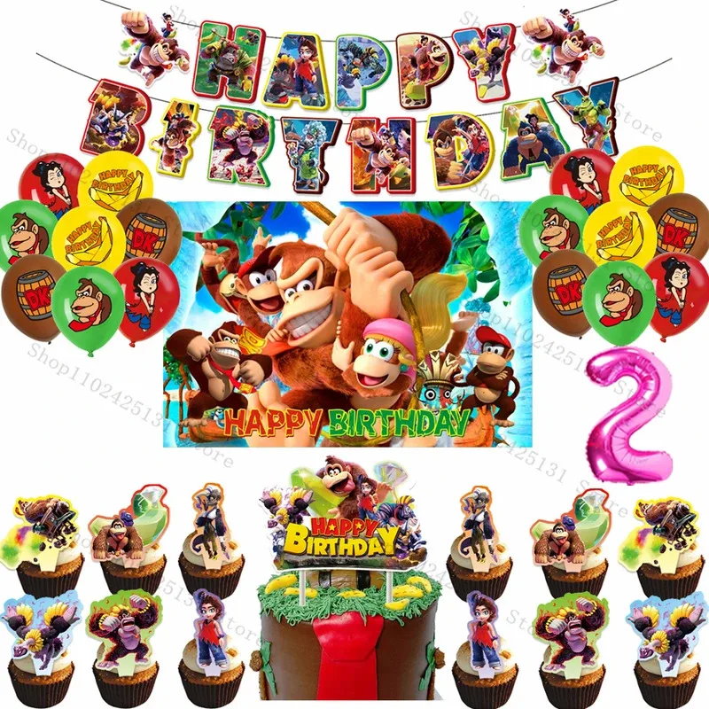 Donkey Kong Happy Birthday Party Tableware Decor King Balloon Banner Cupcake