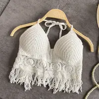 Femmes Crochet haut à licou été plage tricot réservoir court frange Boho à lacets dos nu Cami Blouse Festival vacances porter 2